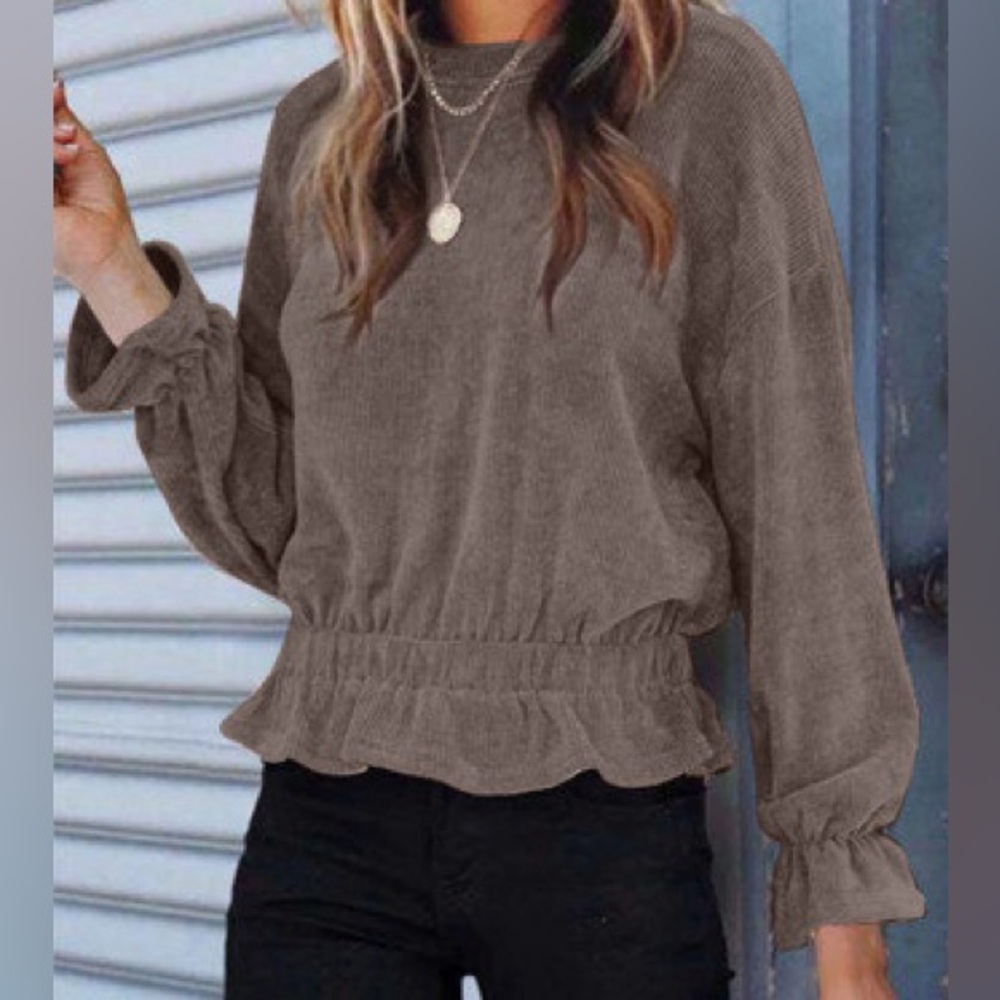 Zara Long Sleeve Top Cinched Detail Peplum Khaki Women’s Size S